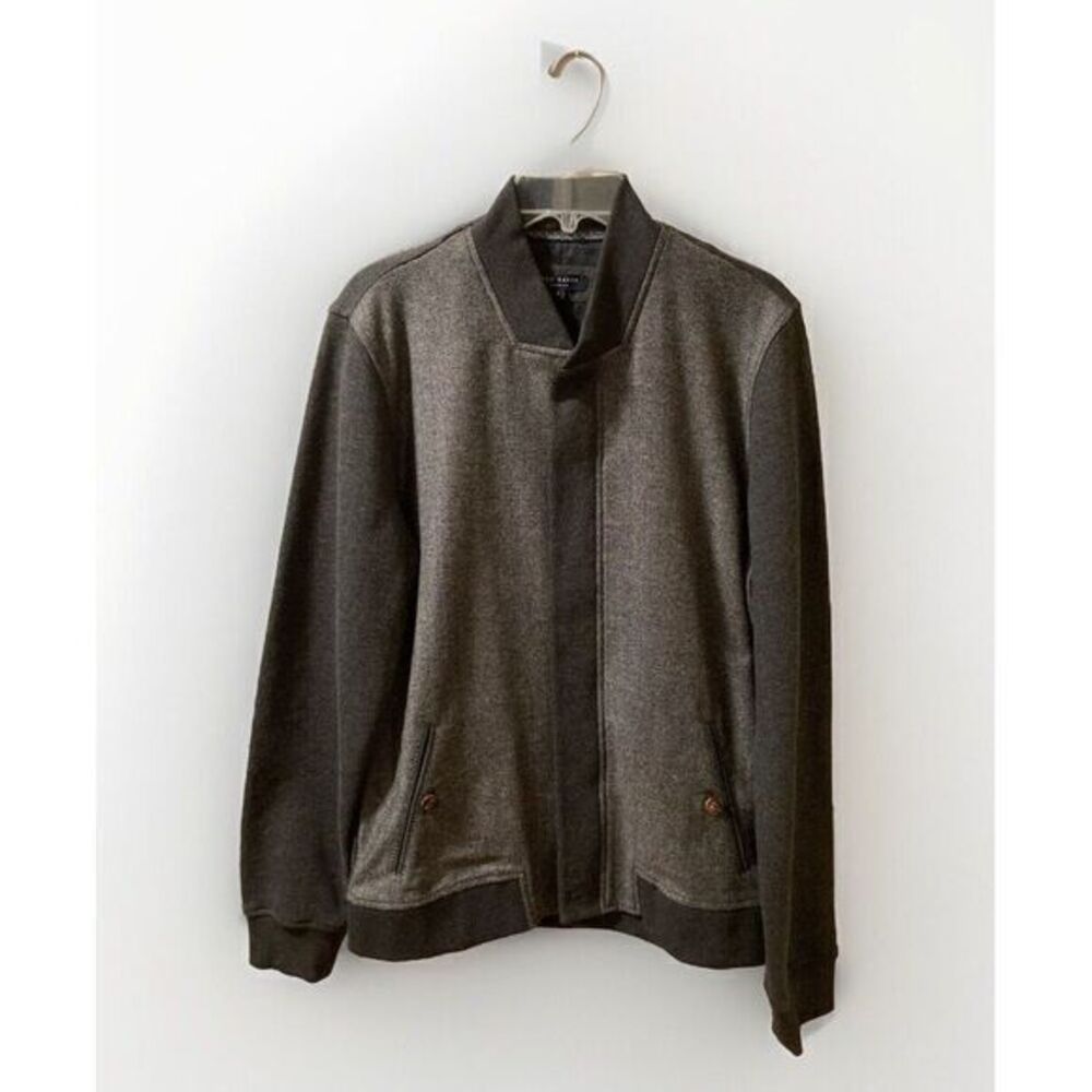 Ted Baker Gray Bomber Sweater Jacket Wool‎ Blend Herringbone Zip Size 4 L NWOT